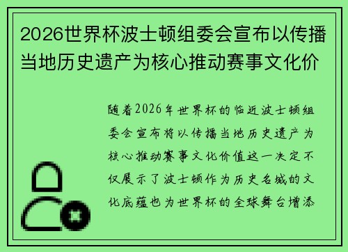 2026世界杯波士顿组委会宣布以传播当地历史遗产为核心推动赛事文化价值 2026世界杯波士顿组委会宣布以传播当地历史遗产为核心推动赛事文化价值