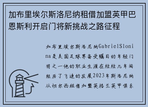 加布里埃尔斯洛尼纳租借加盟英甲巴恩斯利开启门将新挑战之路征程